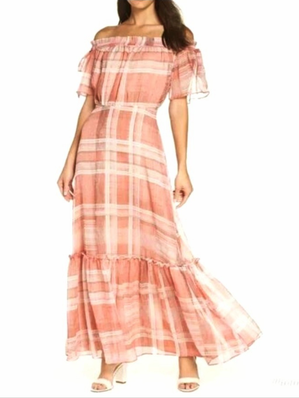 Nwt Anthropologie Lenon Off-Shoulder Plaid Maxi Dress Ruffle Tiered Boho Sz. L